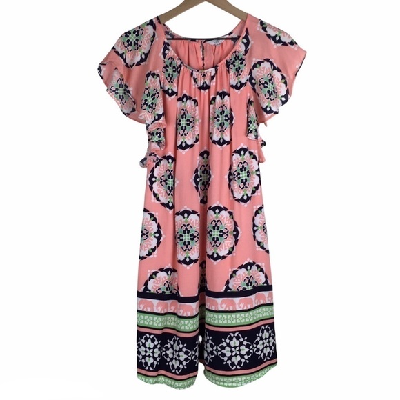 CROWN & IVY Dress Elephants Floral Medallion Boho Flutter Sleeve Mini Size Small - Picture 10 of 10